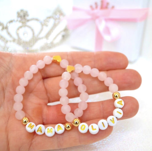 Mama daughter matching gold heart rose quartz gemstone bracelet set for baby and girls