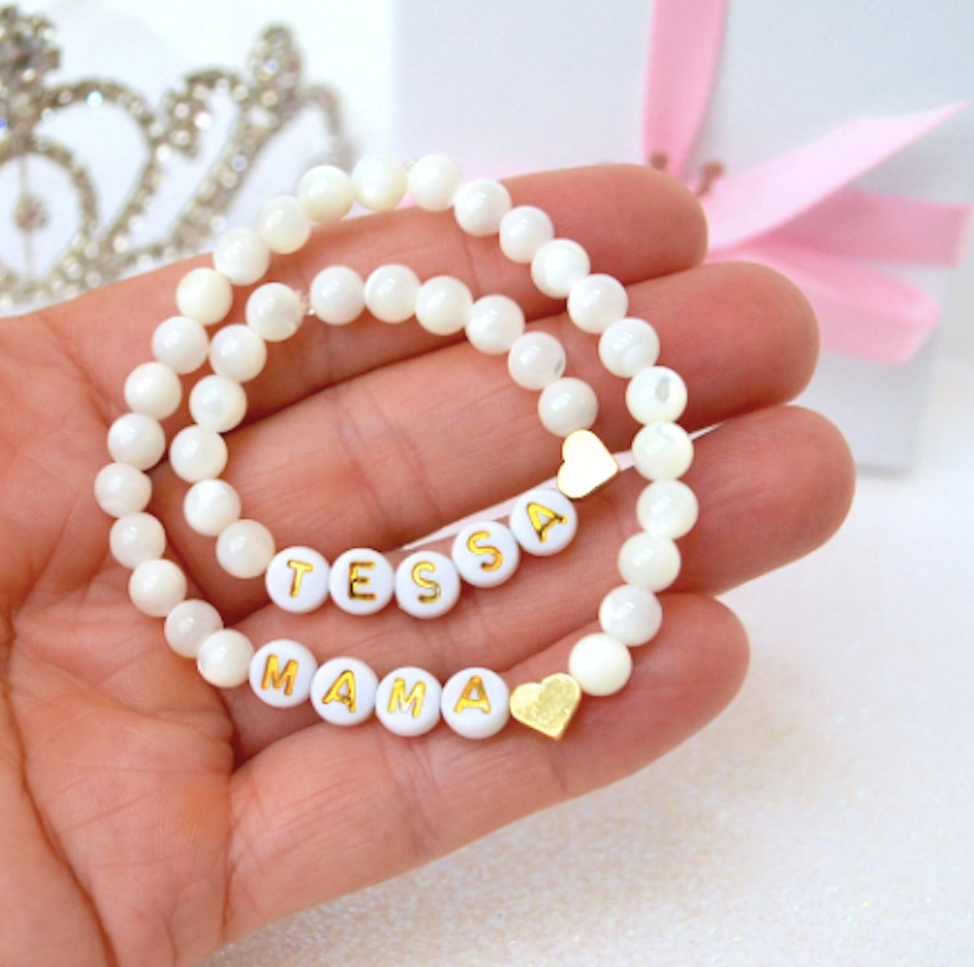 Mama and Baby Personalized Bracelet Set – Mother of Pearl Beaded Bracelets – Matching Custom Name Bracelets for Mom and Baby – Baby Shower Gift