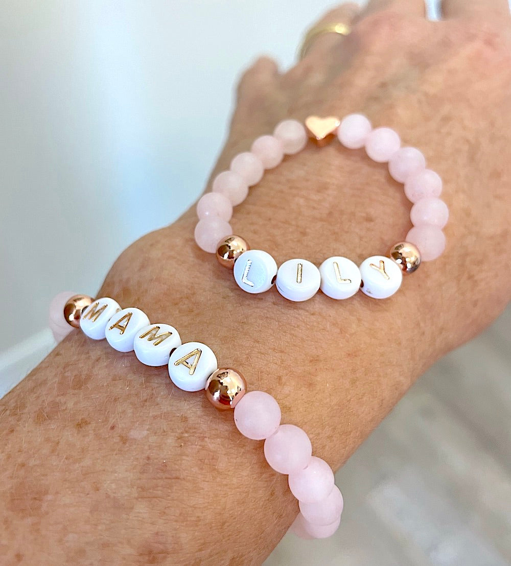 Rose Gold Heart & Rose Quartz Gemstone Mama Daughter Set