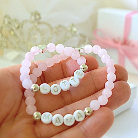 Unique Dainty Silver Heart Rose Quartz Bracelet Set