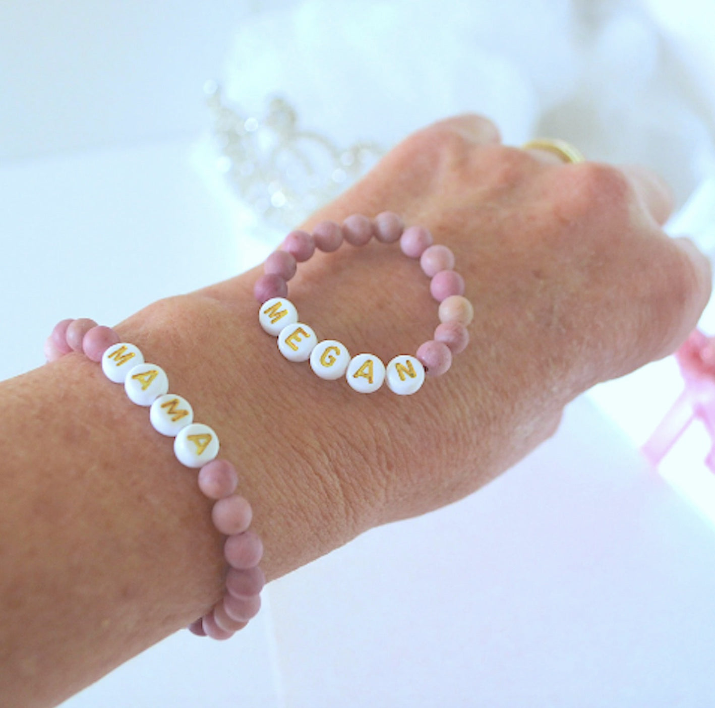 Mommy and daughter matching pink matte rhodonite gemstone bracelet set