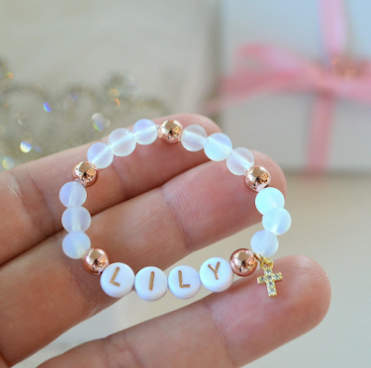 sea opal gemstone personalized bracelet with rose gold beads and rhinestone cross charm – perfect gift for baptism or baby shower