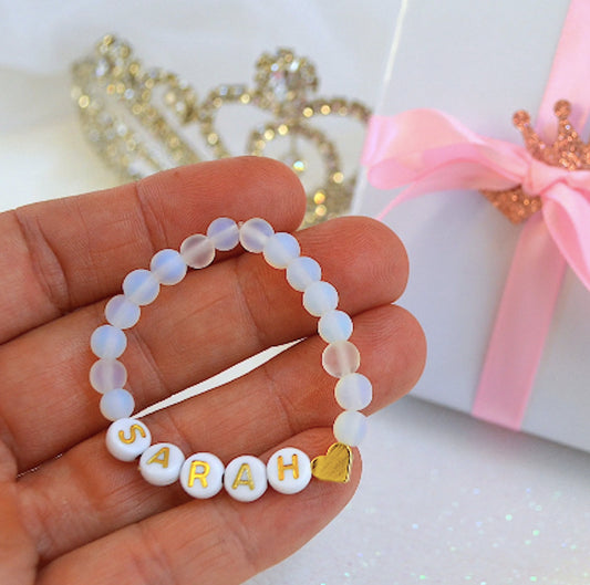 Vibrant Opalite Frosted Gemstone Bracelet with Custom Word & Gold Heart