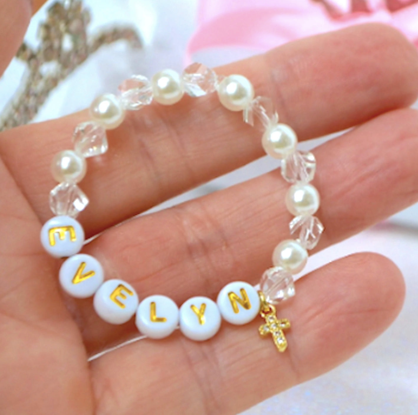 sparkly pearl and crystal cross bracelet, personalized baby rhinestone jewelry – perfect gift for baby shower and baptism