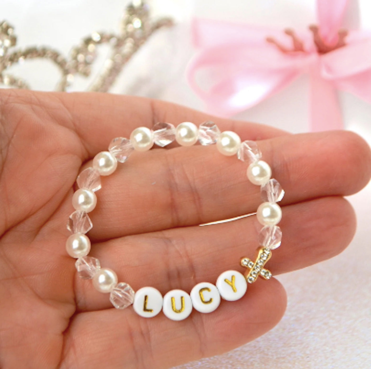 Personalized pearl crystal rhinestone cross bracelet for baby, toddler, and girls