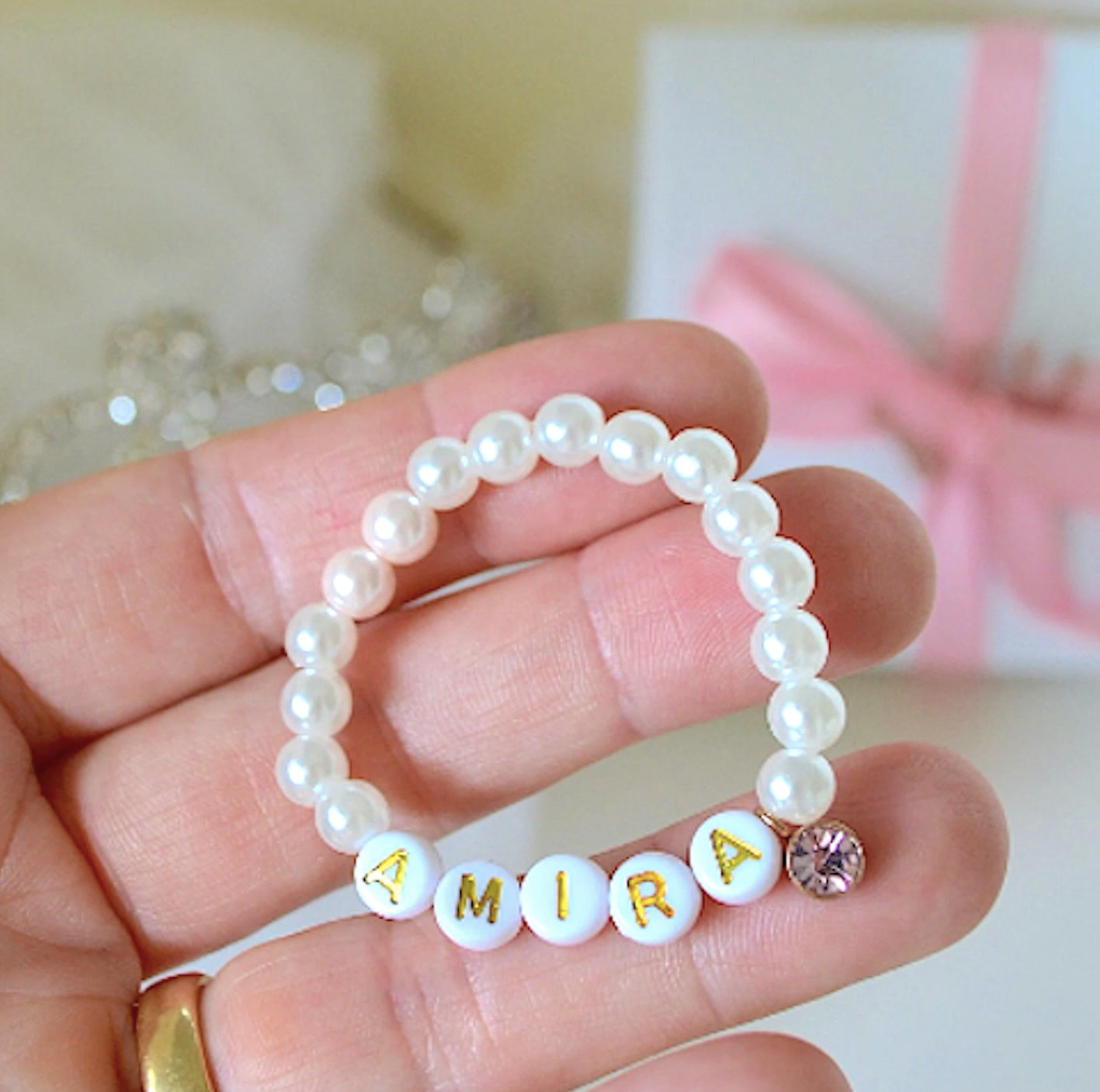 Pearl Birthstone Personalized Baby Bracelet – Custom Name Beaded Bracelet for Baby Boys and Girls – Baby Shower or Birthday Gift