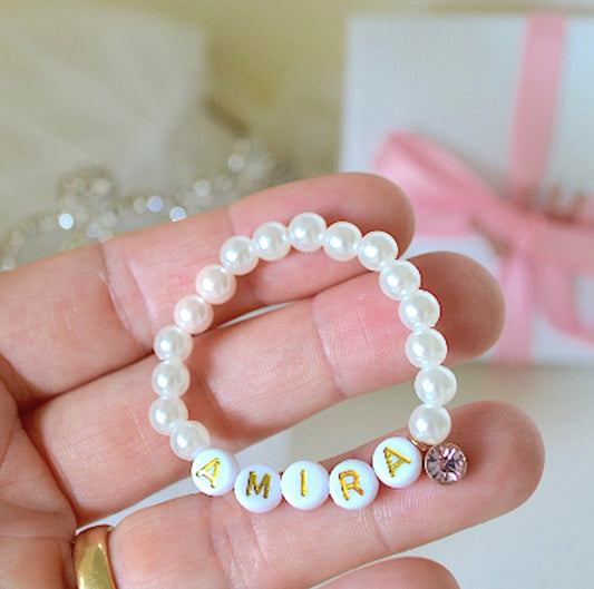 Pearl Birthstone Personalized Baby Bracelet – Custom Name Beaded Bracelet for Baby Boys and Girls – Baby Shower or Birthday Gift