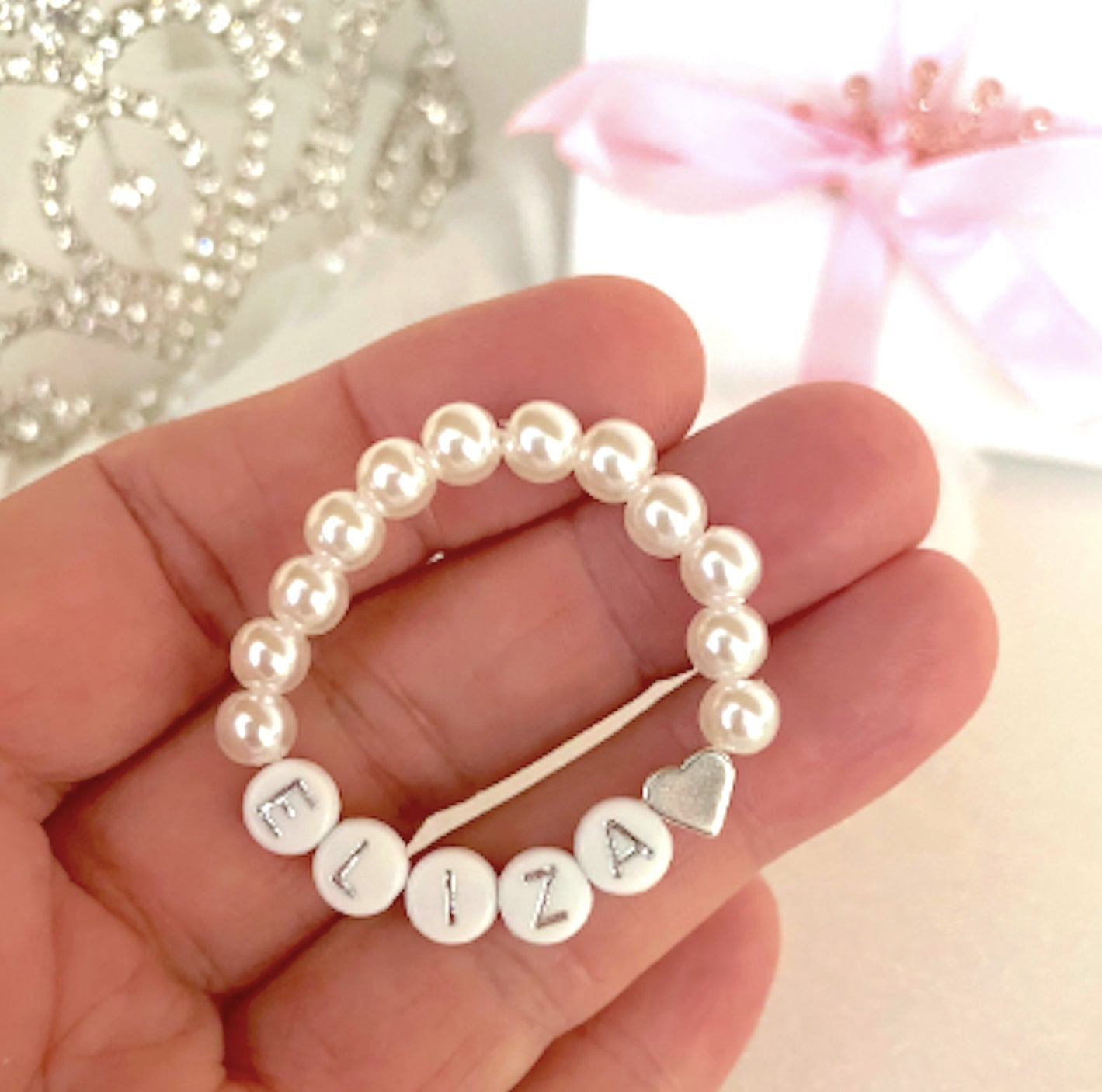 Wonderful Custom Silver Heart Pearl Bracelet for Babies Kids or Adults