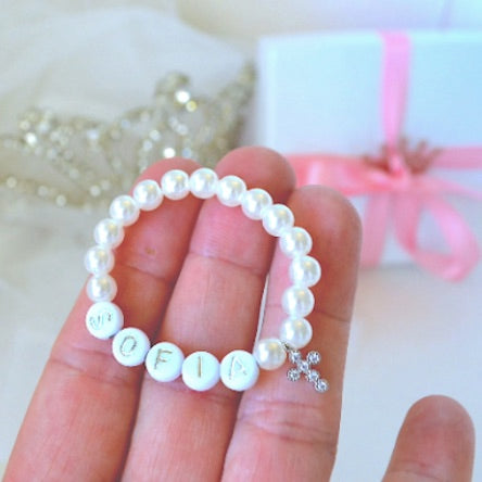 Silver Rhinestone Pearl Cross Bracelet