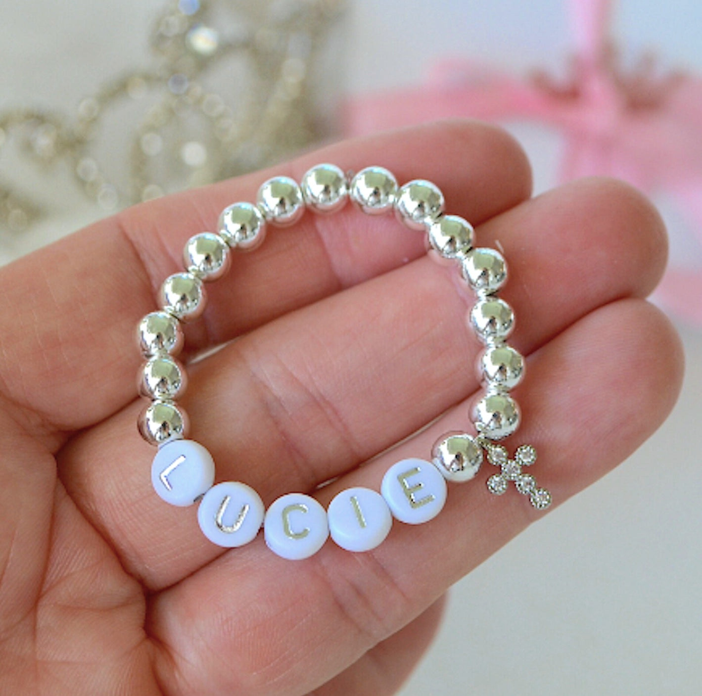 Personalized Silver Cross Baby Bracelet – Custom Name Bracelet for Baby Boys or Girls – Baptism or Baby Shower Gift