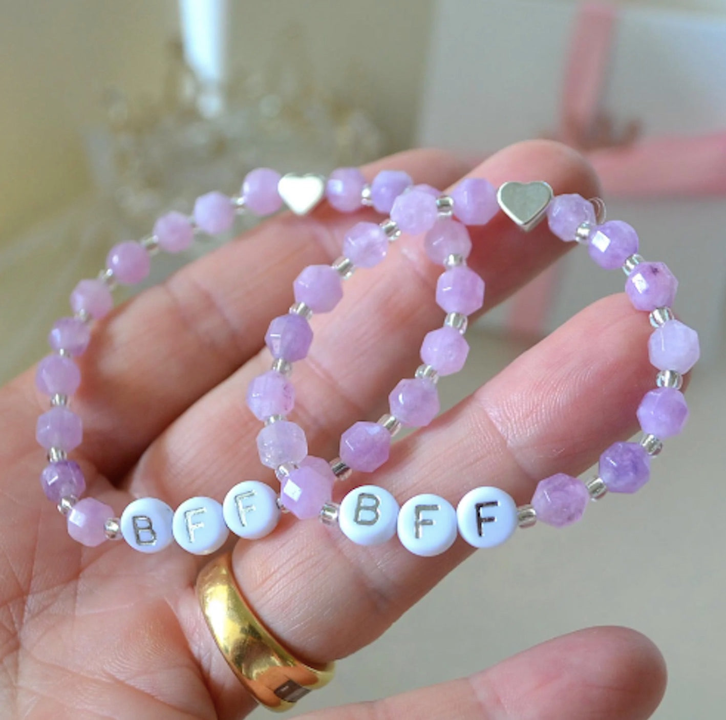 Personalized Amethyst Best Friend Bracelet Set with matching gemstone beads, a meaningful birthday or friendship gift for besties
