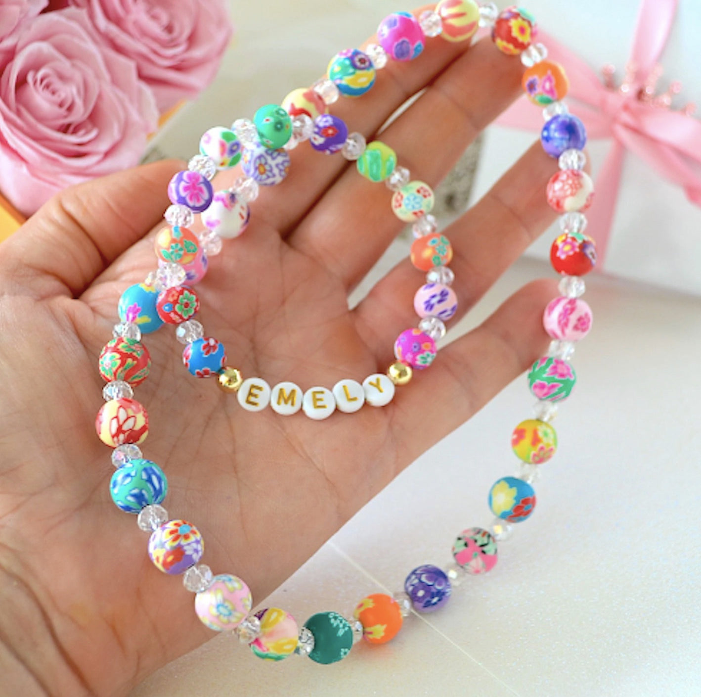 Personalized brightly colored flower clay beaded bracelet and necklace set for girls and toddlers, handmade dainty jewelry gift