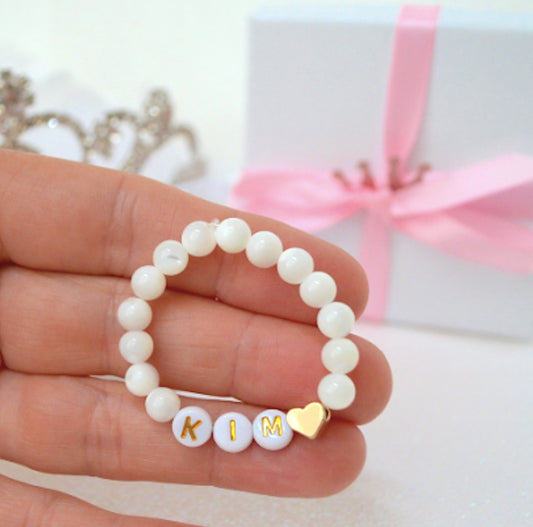 mother of pearl bracelet with gold heart charm, personalized jewelry gift for baby, girls, and teens