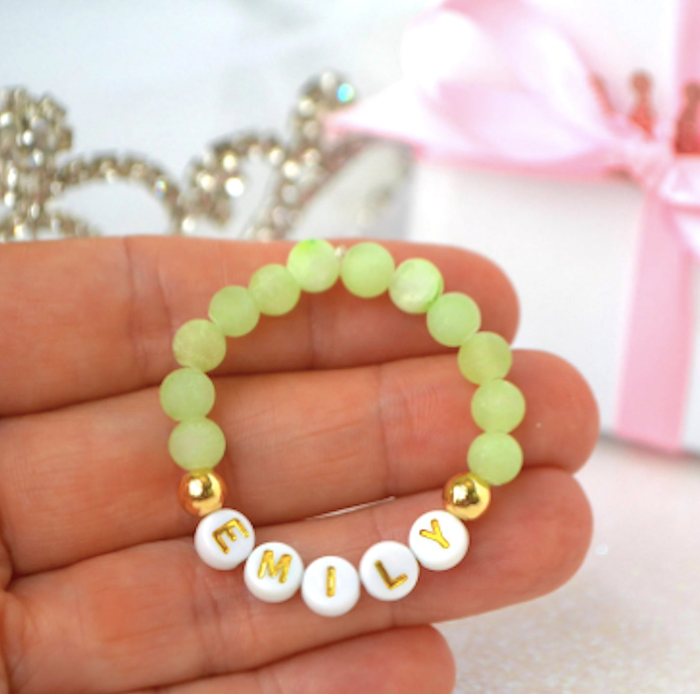 personalized jade gemstone bracelet with gold accents – custom jewelry gift for girls.
