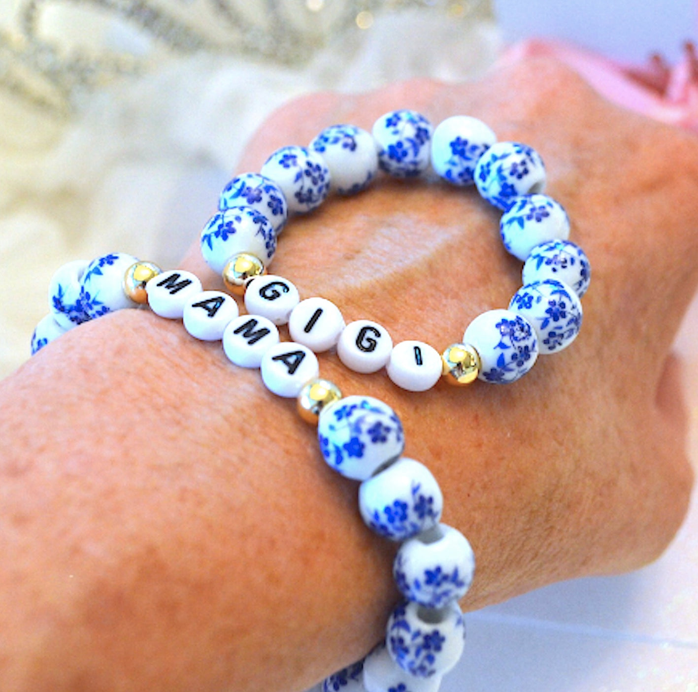 blue floral porcelain bracelet set, personalized matching jewelry for mama and daughter