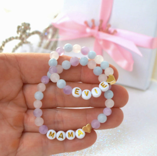 Personalized Velvety Purple Matte Morganite Mommy and Daughter Bracelet Set with custom names, a thoughtful baby shower gift for mom and baby.