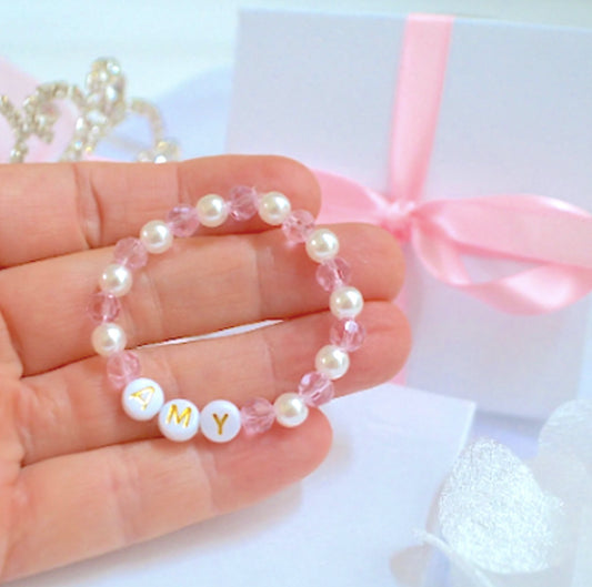 Personalized pearl and sparkly crystal baby bracelet, perfect gift for girls and baby shower