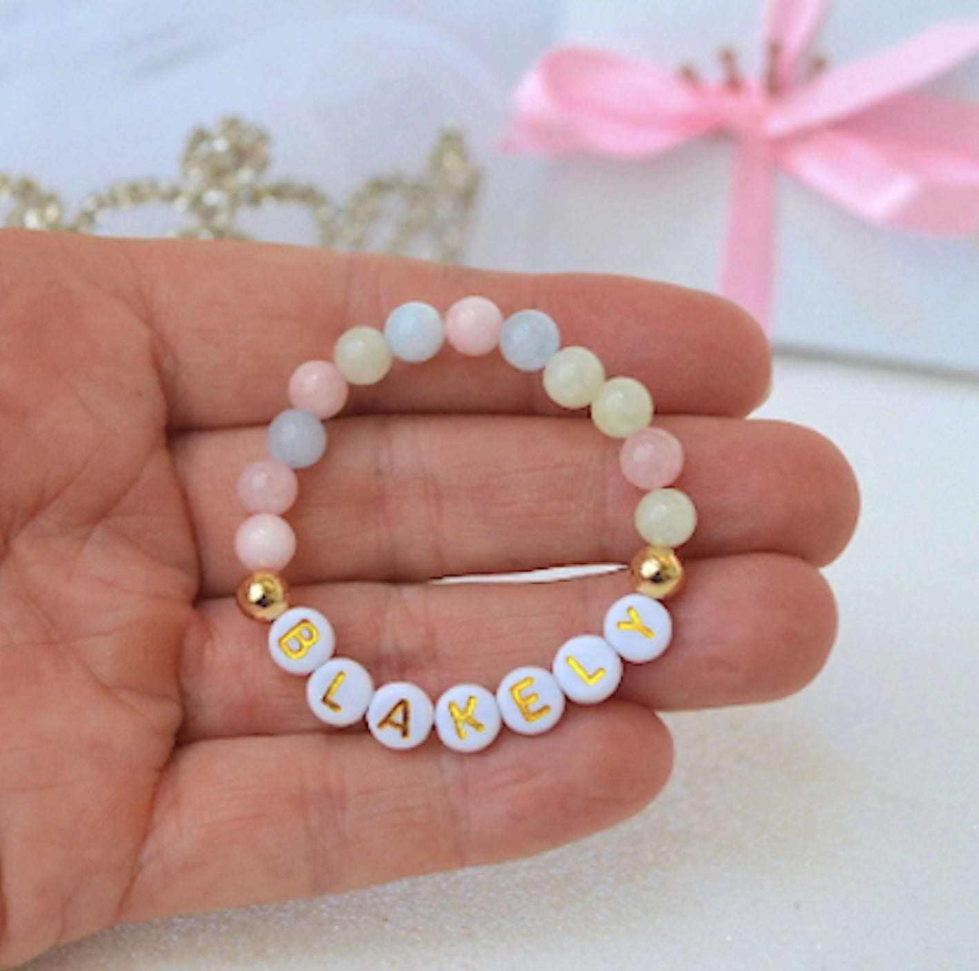 rainbow quartz gemstone bracelet, personalized for baby girls with gold accent beads – perfect gift for baby shower, christening, or newborn