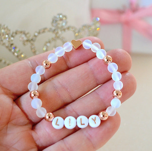 Warm rose gold heart opal gemstone personalized baby bracelet – perfect baby shower or birthday gift for baby girls