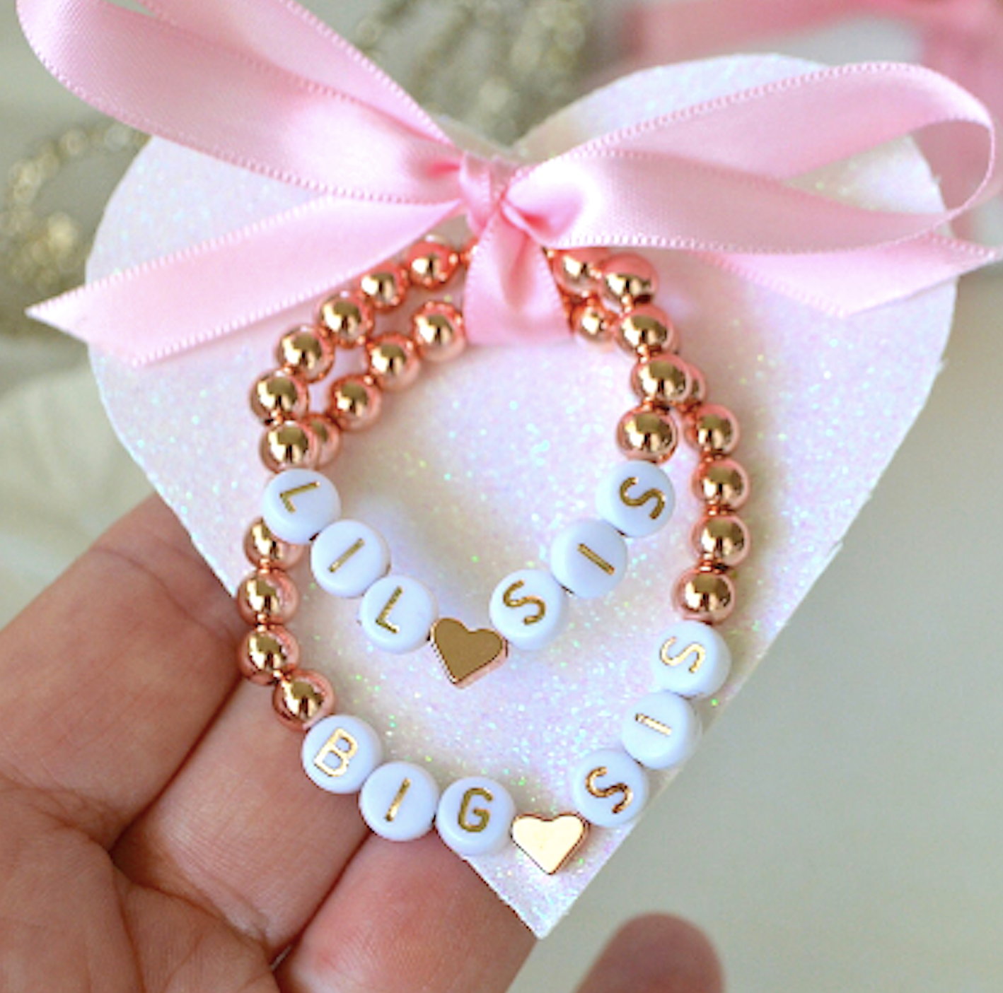 Personalized rose gold beaded twin baby bracelet set for newborn girls, matching jewelry for twins