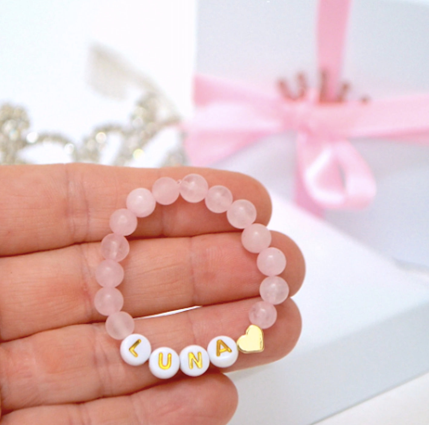 Personalized rose quartz gold heart baby bracelet, perfect gift for girls and newborns