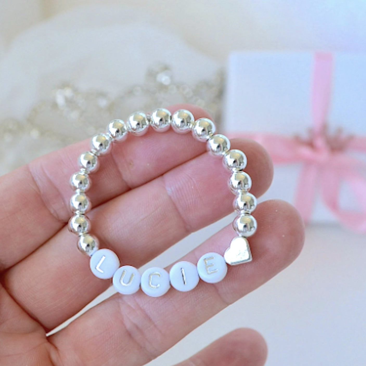 Personalized silver heart silver beaded bracelet for baby girls, kids, and teens