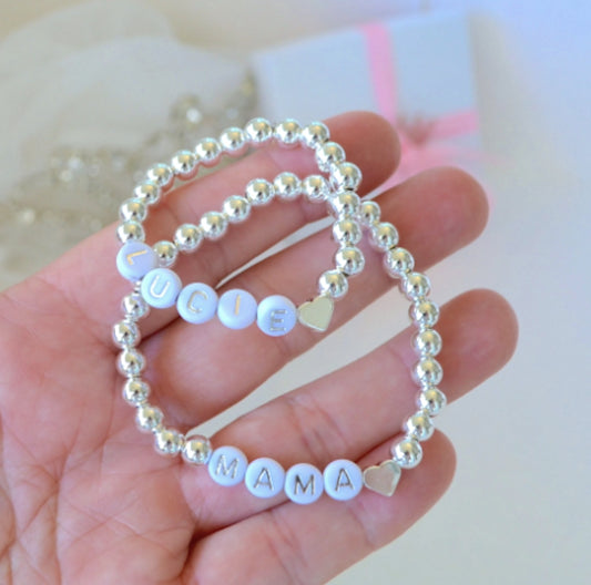 Personalized silver heart bracelet set for mama and baby, dainty matching jewelry for mother and daughter