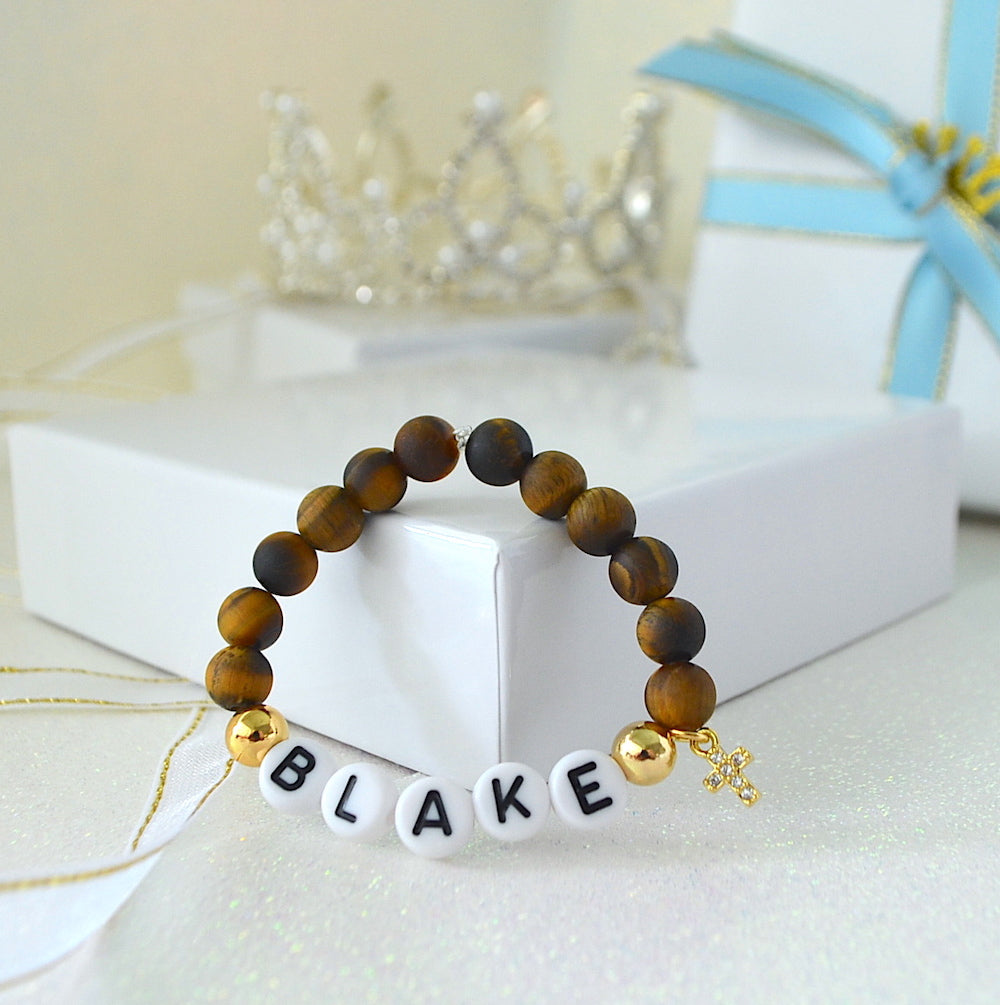 Tiger eye baby boy cross bracelet with gold accent, personalized jewelry, perfect as a baby shower or baptism gift
