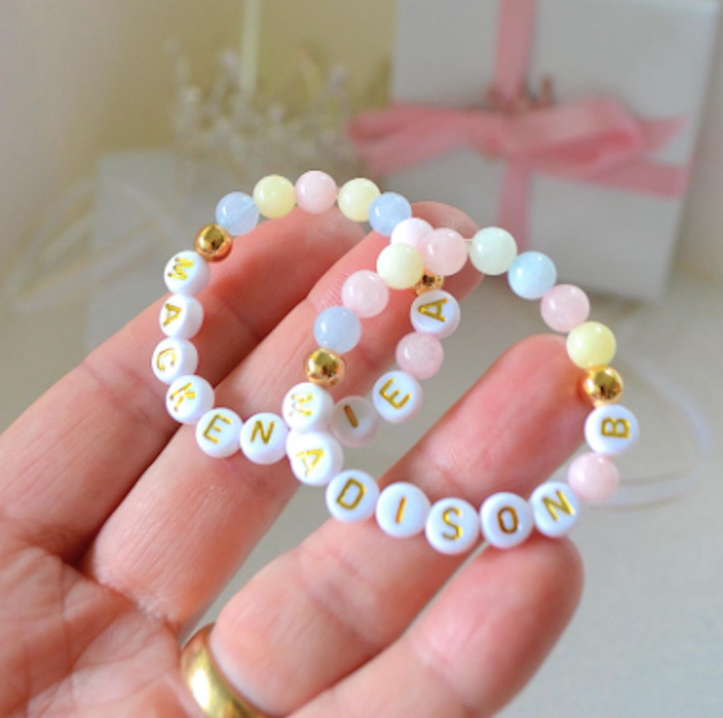 adorable natural pastel quartz gemstone bracelet, personalized baby bracelet with 2 gold spacer beads – perfect baby shower, baptism, or newborn gift