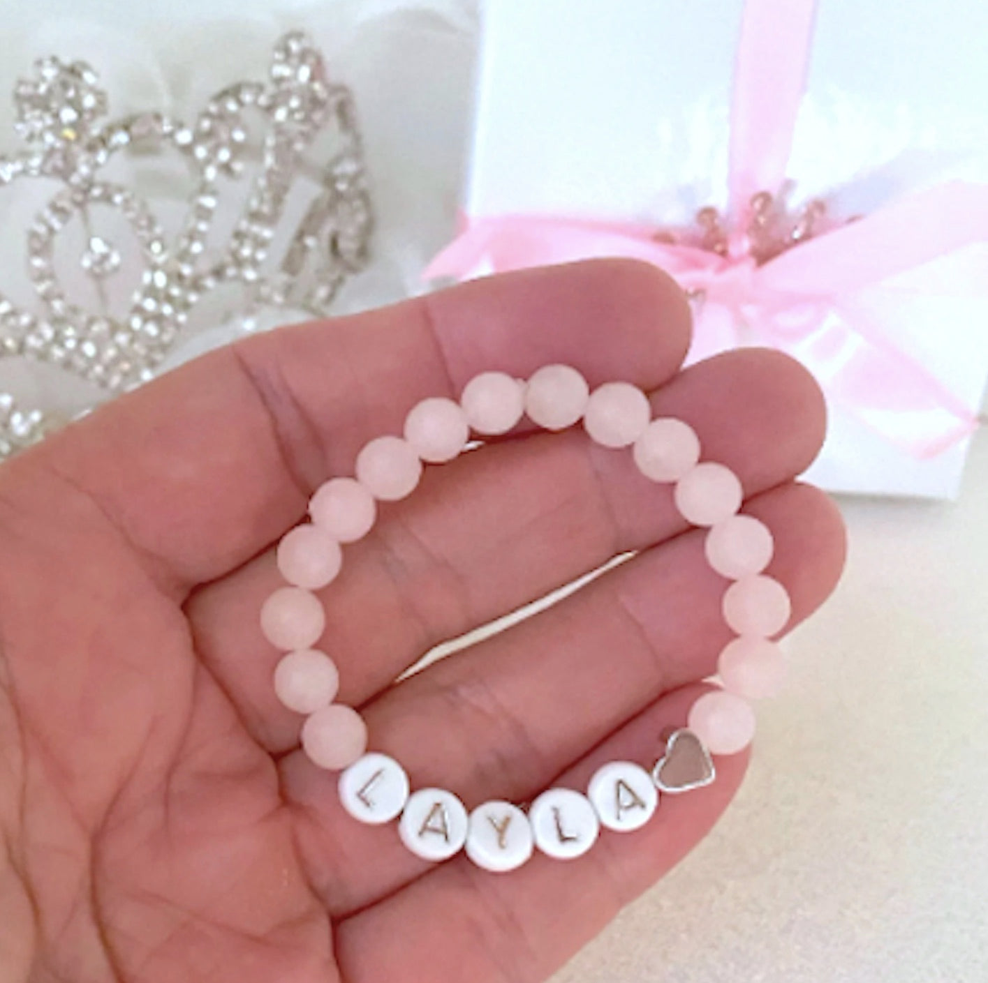 personalized silver heart rose quartz bracelet with pink gemstones, handmade baby jewelry and baby shower gift for girls