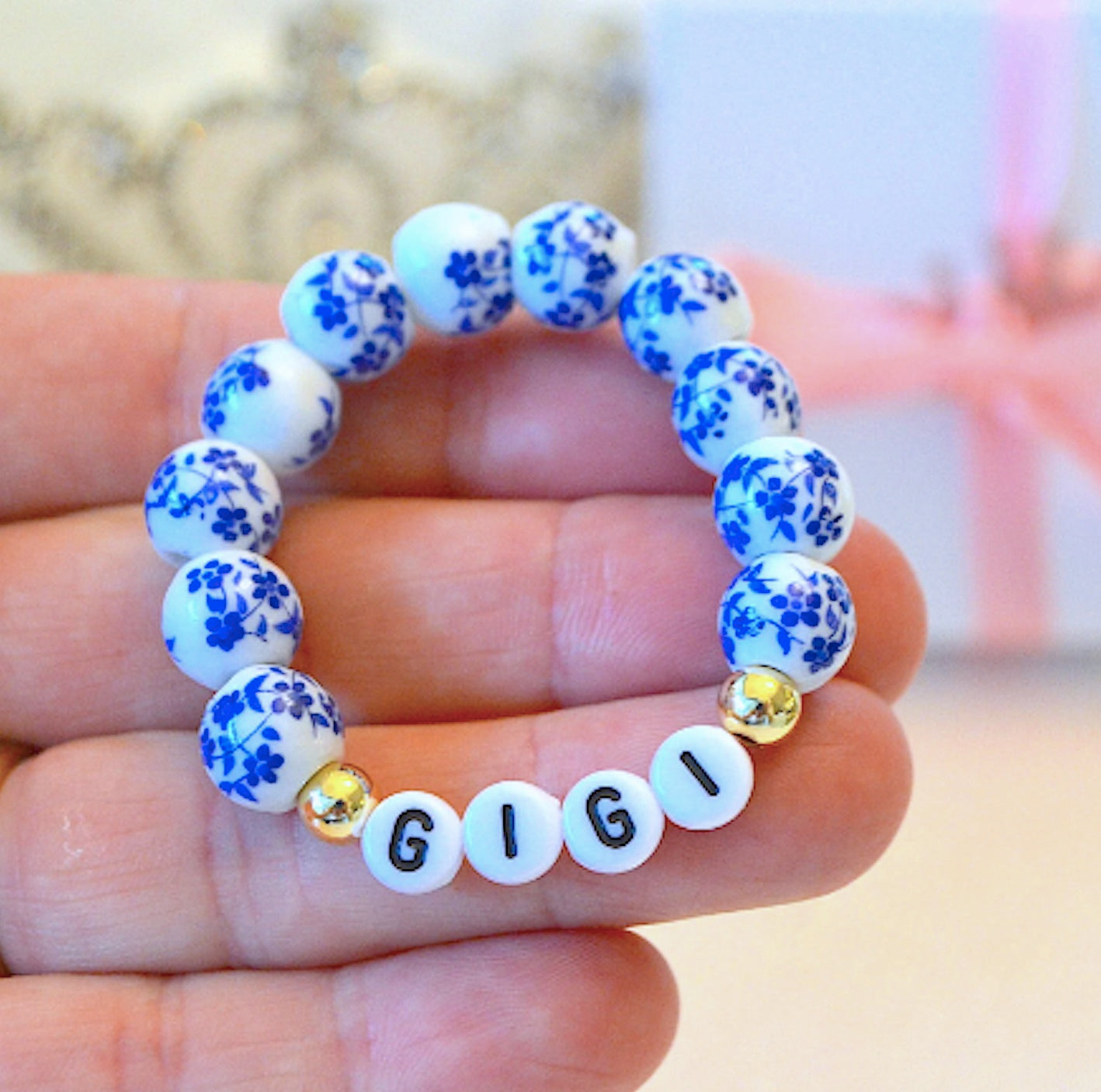 Unconditionally Love Blue Floral Porcelain Personalized Name Bracelet with 2 18K Gold-Plated Beads – Custom Baby and Girls Bracelet – Baby Shower or Baptism Gift