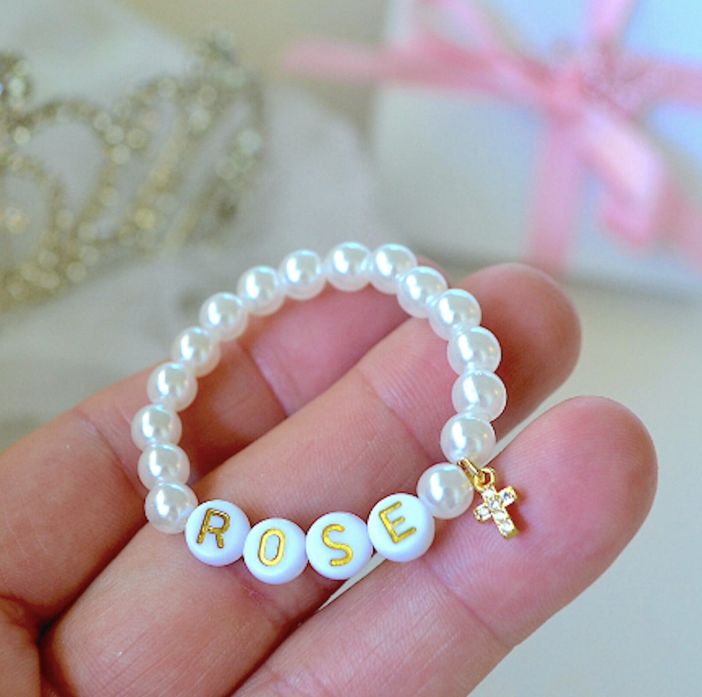 Personalized Pearl Cross Baby Bracelet – Custom Name Bracelet for Baby Boys or Girls – Baptism Gift