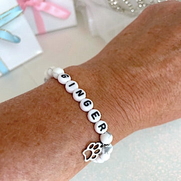 Unconditionally Love! Cutest Personalized Howlite Gemstone Dog Name or Pet Memorial Name Bracelet with Cute Pet Paw Charm