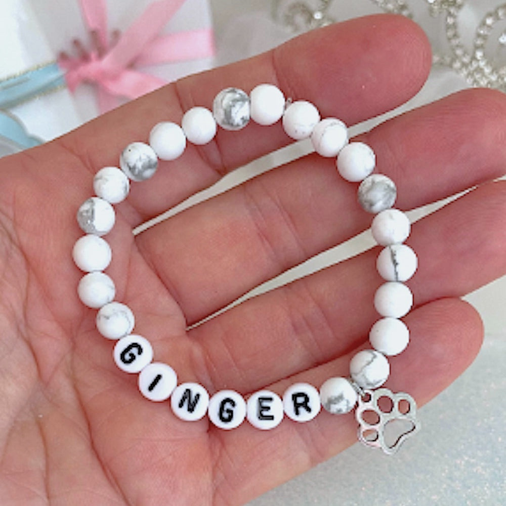 Unconditionally Love! Cutest Personalized Howlite Gemstone Dog Name or Pet Memorial Name Bracelet with Cute Pet Paw Charm