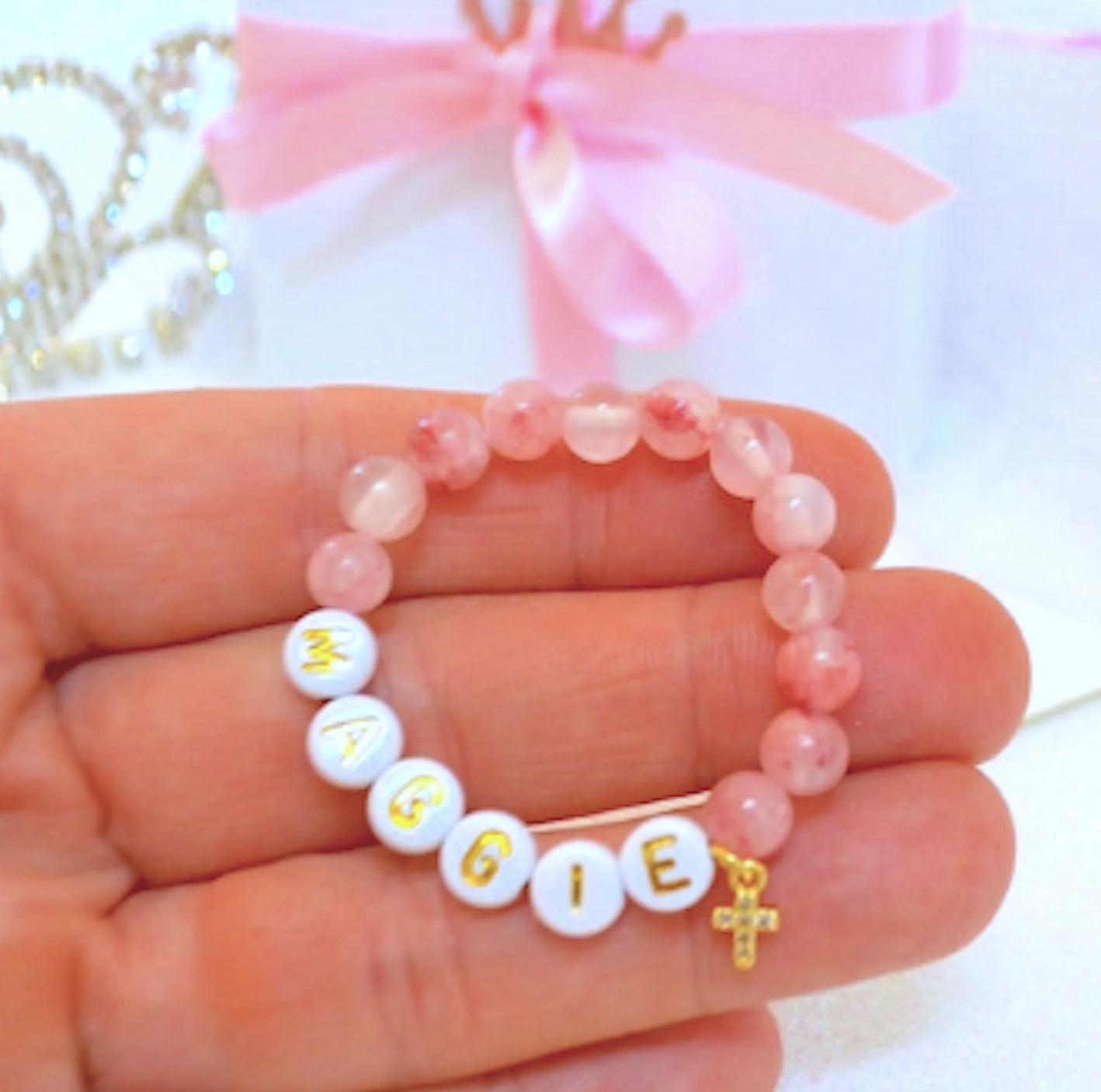 Unbelievable cutest pink jade rhinestone cross bracelet, personalized gemstone jewelry for baby girls – perfect gift for baptism and baby shower.