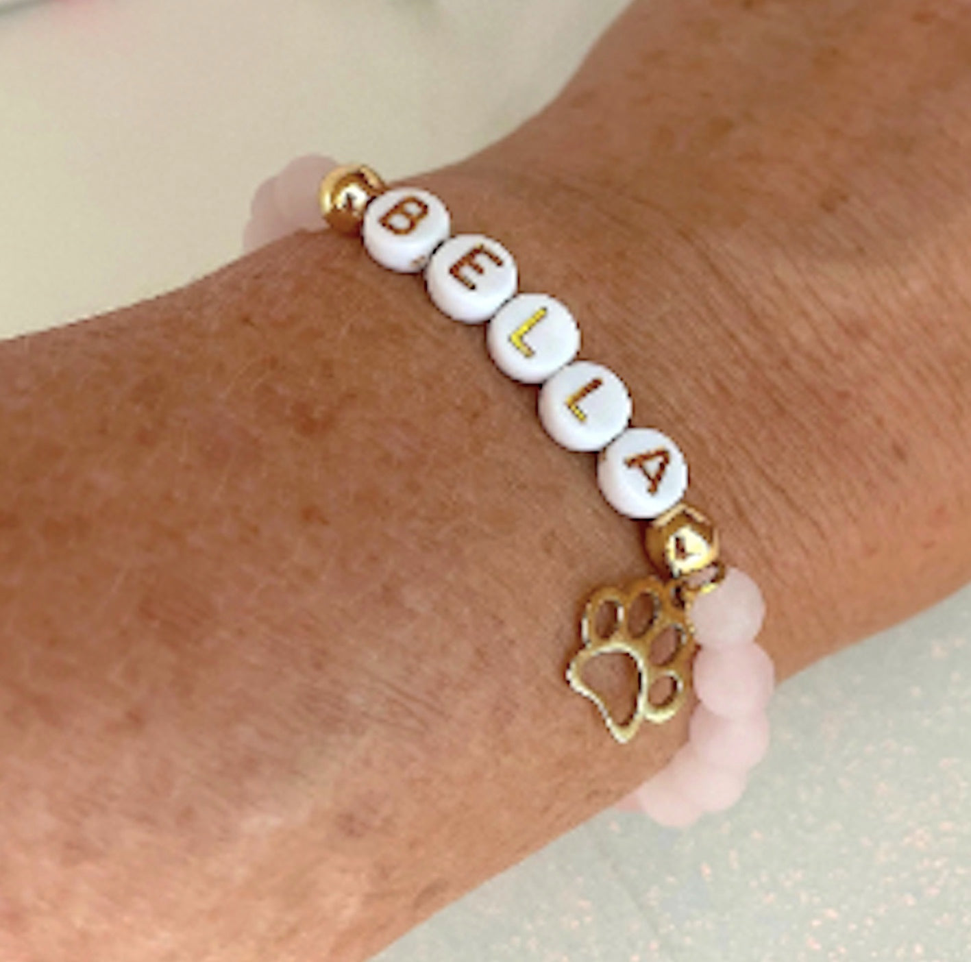 pink rose quartz personalized gemstone bracelet with gold paw charm – custom jewelry gift for pet lovers