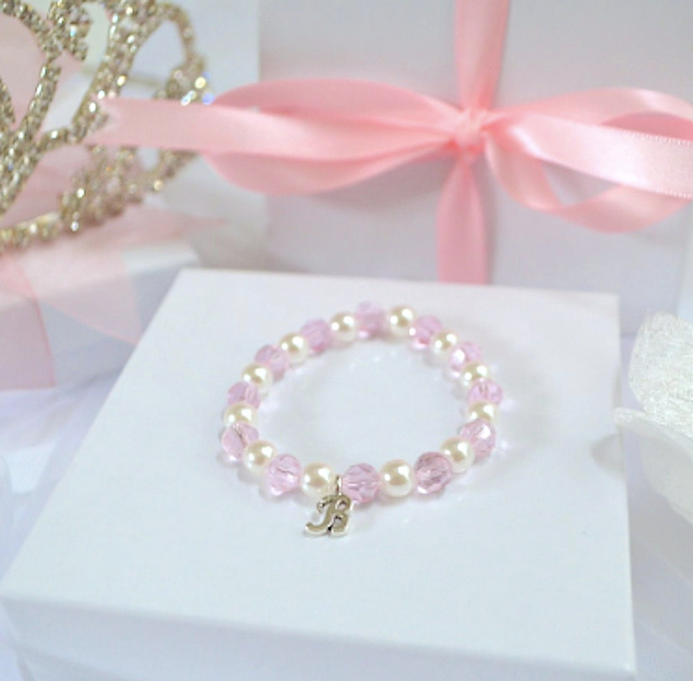 Pink Swarovski Crystal Pearl Baby Initial Bracelet