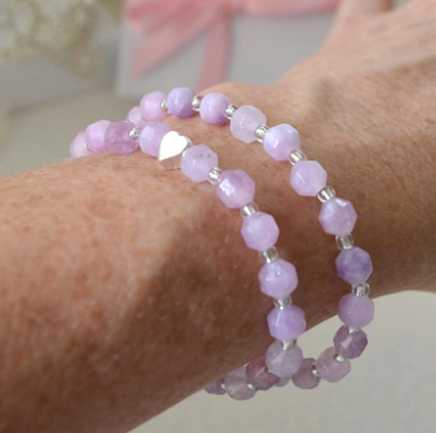 Handmade purple amethyst silver heart bracelet set with sparkly crystal spacer beads, elegant beaded jewelry gift for women and girls.