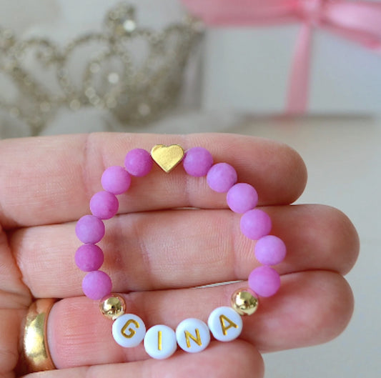 Ultra Bright Matte Purple Jade Gemstone Bracelet with a Gold Heart Accent