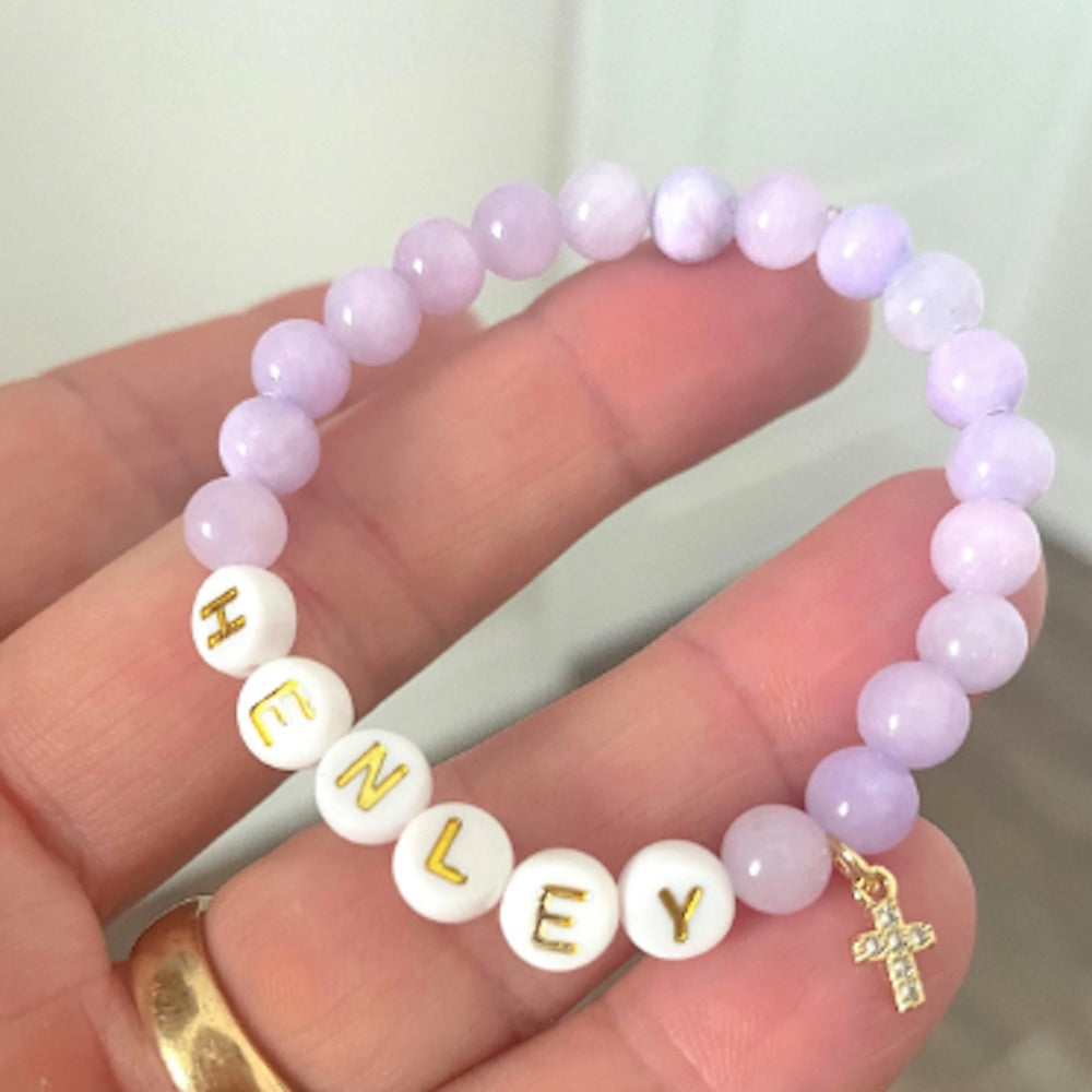 Vibrant Girls Purple Quartz Cross Name Bracelet