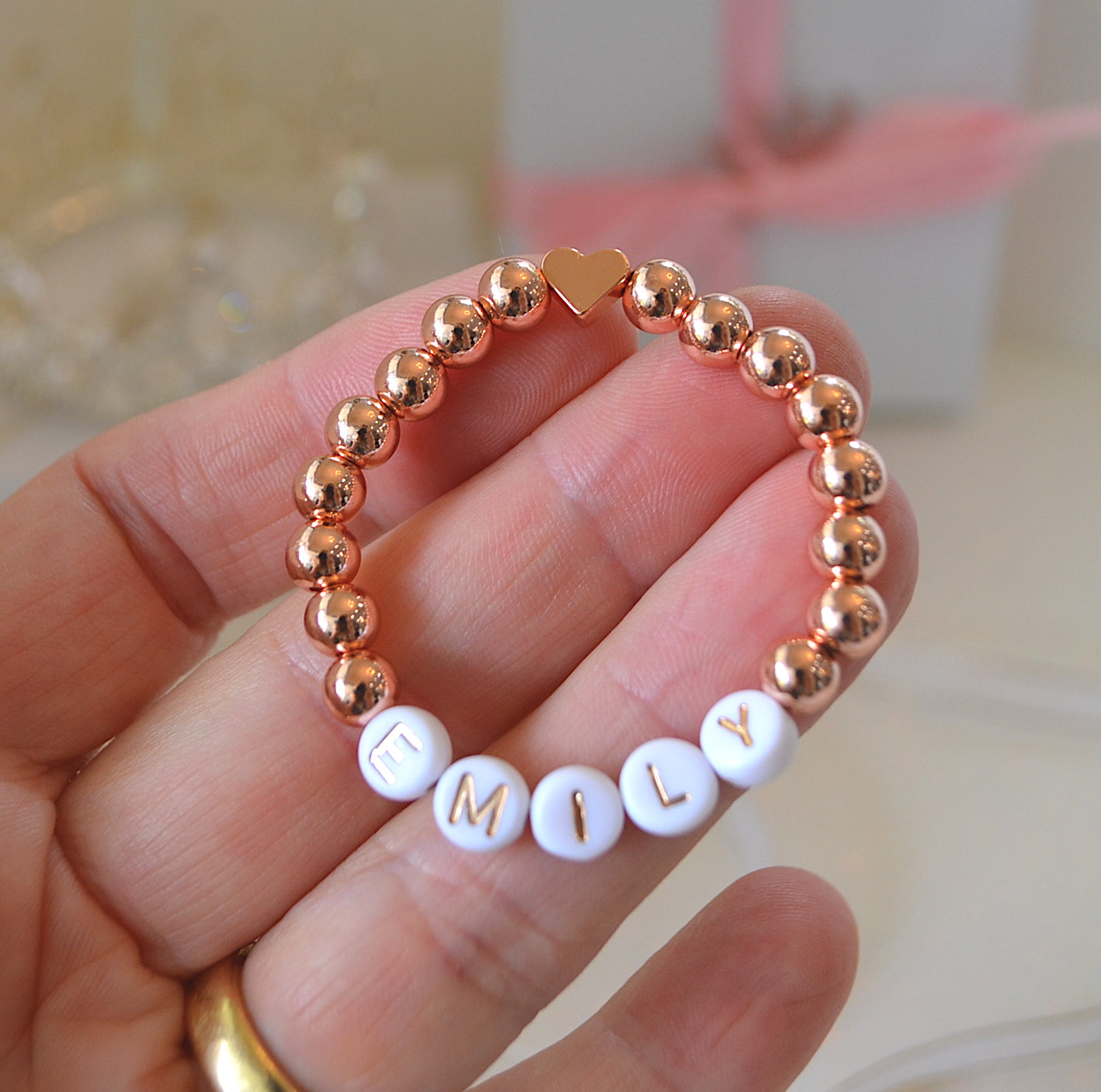 Personalized rose gold heart beaded bracelet for baby girls