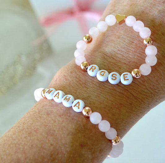 rose gold heart mama and daughter set, personalized rose quartz bracelet gift for mom and baby