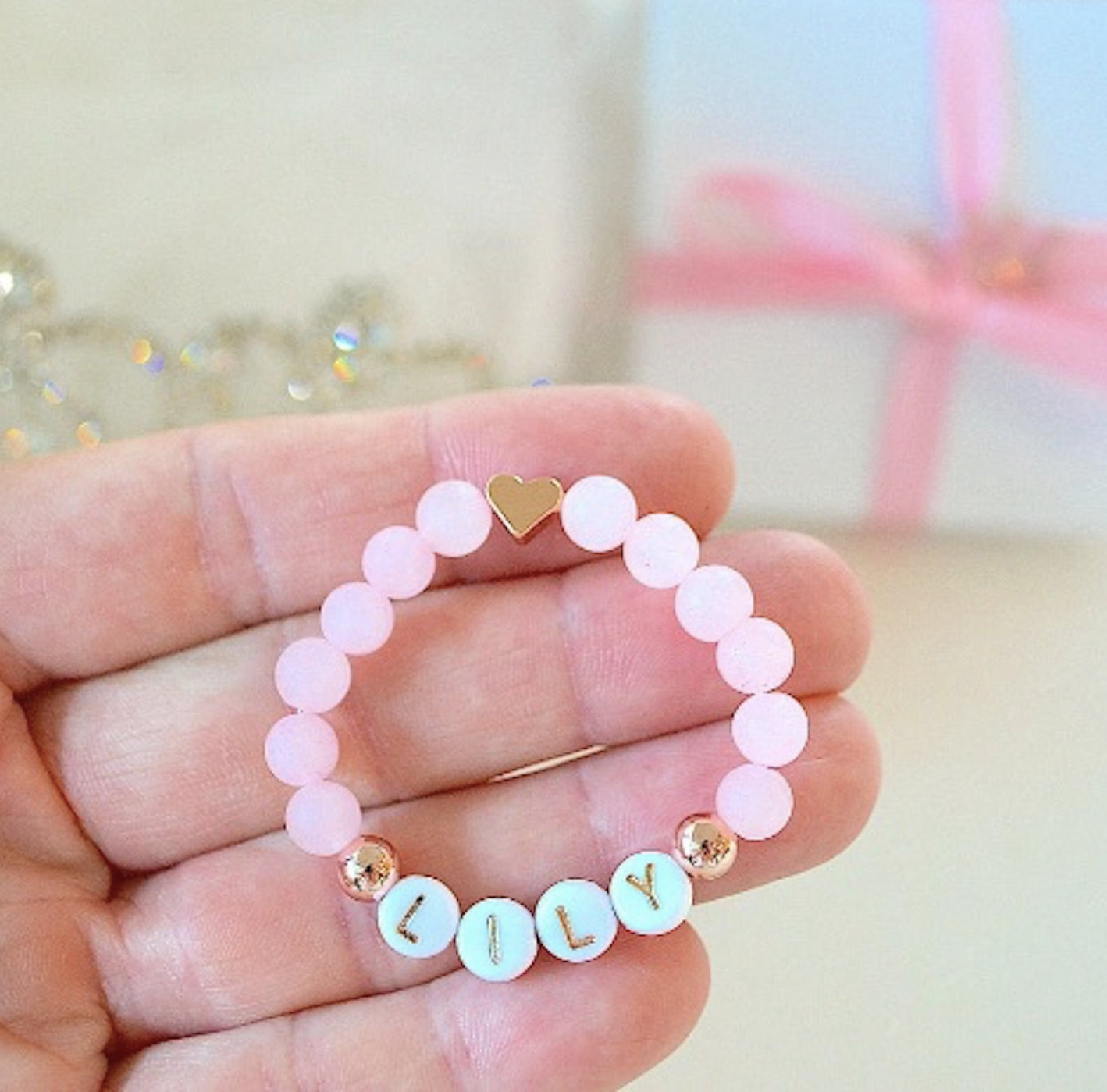 Personalized rose quartz rose gold heart gemstone bracelet for baby girls