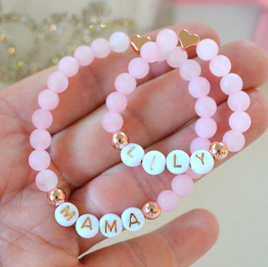 Rose Gold Heart and Rose Quartz Gemstone Mama and Daughter Bracelet Set – Perfect Personalized Baby Shower or Birthday Gift