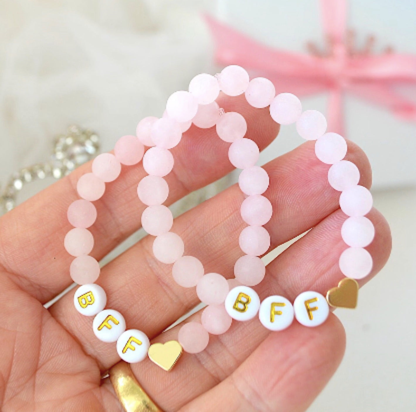 Best friend gift bracelet set with rose quartz gemstones for birthdays