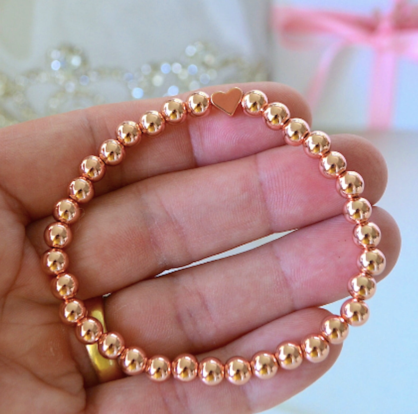 rose gold heart beaded bracelet for women and girls, handmade jewelry gift.