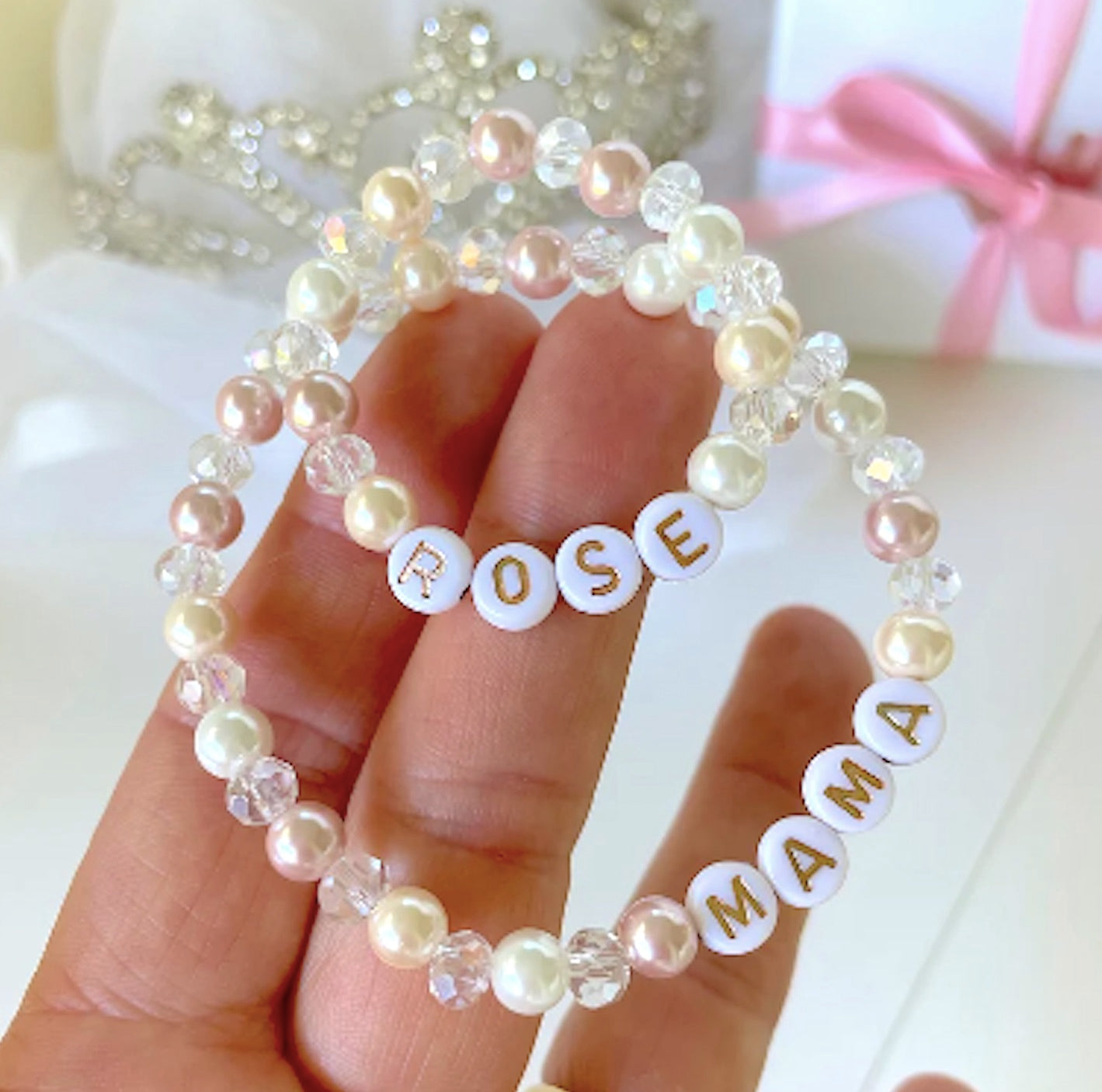 Wonderful Mama & Me Soft Pink, Ivory & Crystal Pearl Bracelet Set – Customizable & Sentimental