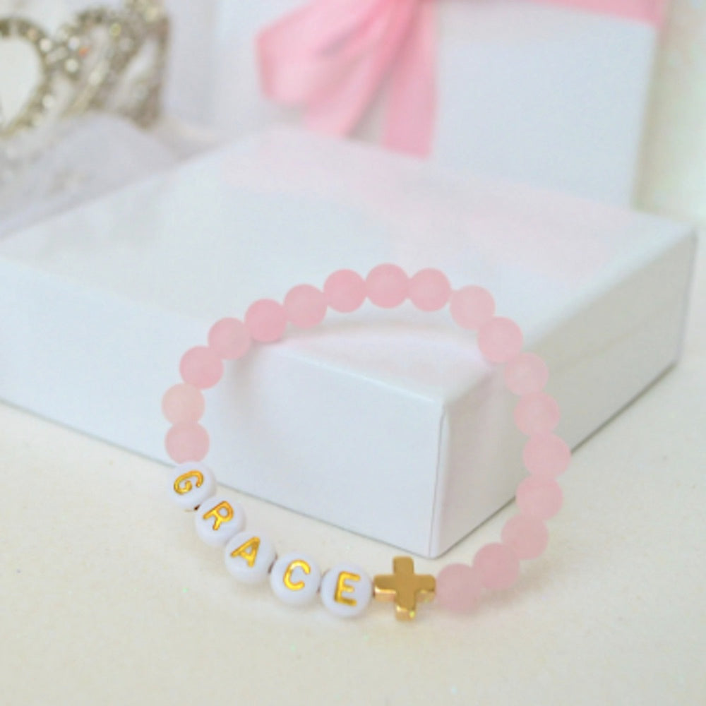 Warm Gold Cross Rose Quartz Bracelet