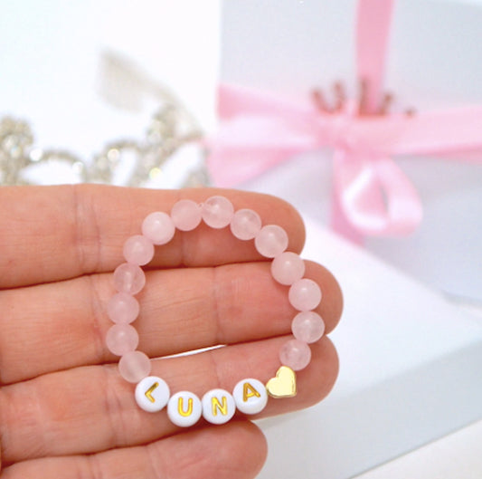 Unique Adorable Rose Quartz Gemstone Gold Heart Bracelet