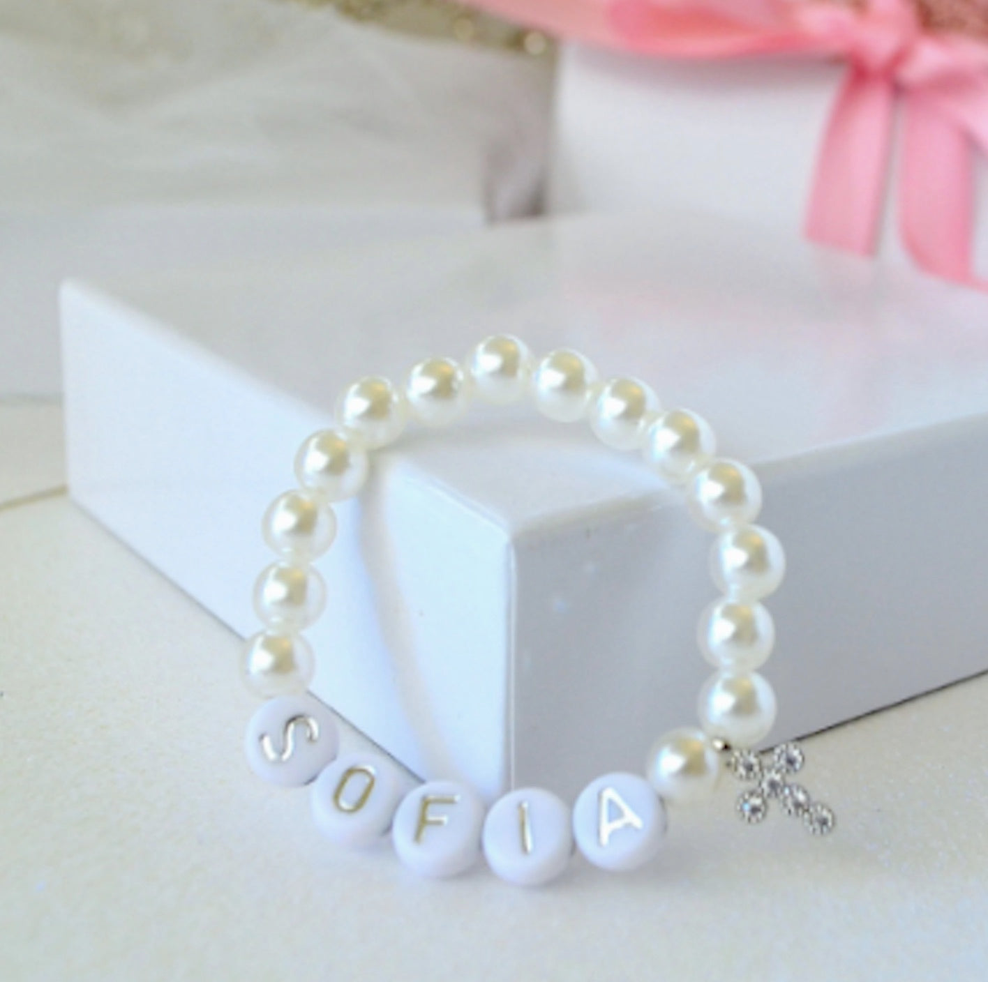 Personalized silver rhinestone pearl cross bracelet for baby girls